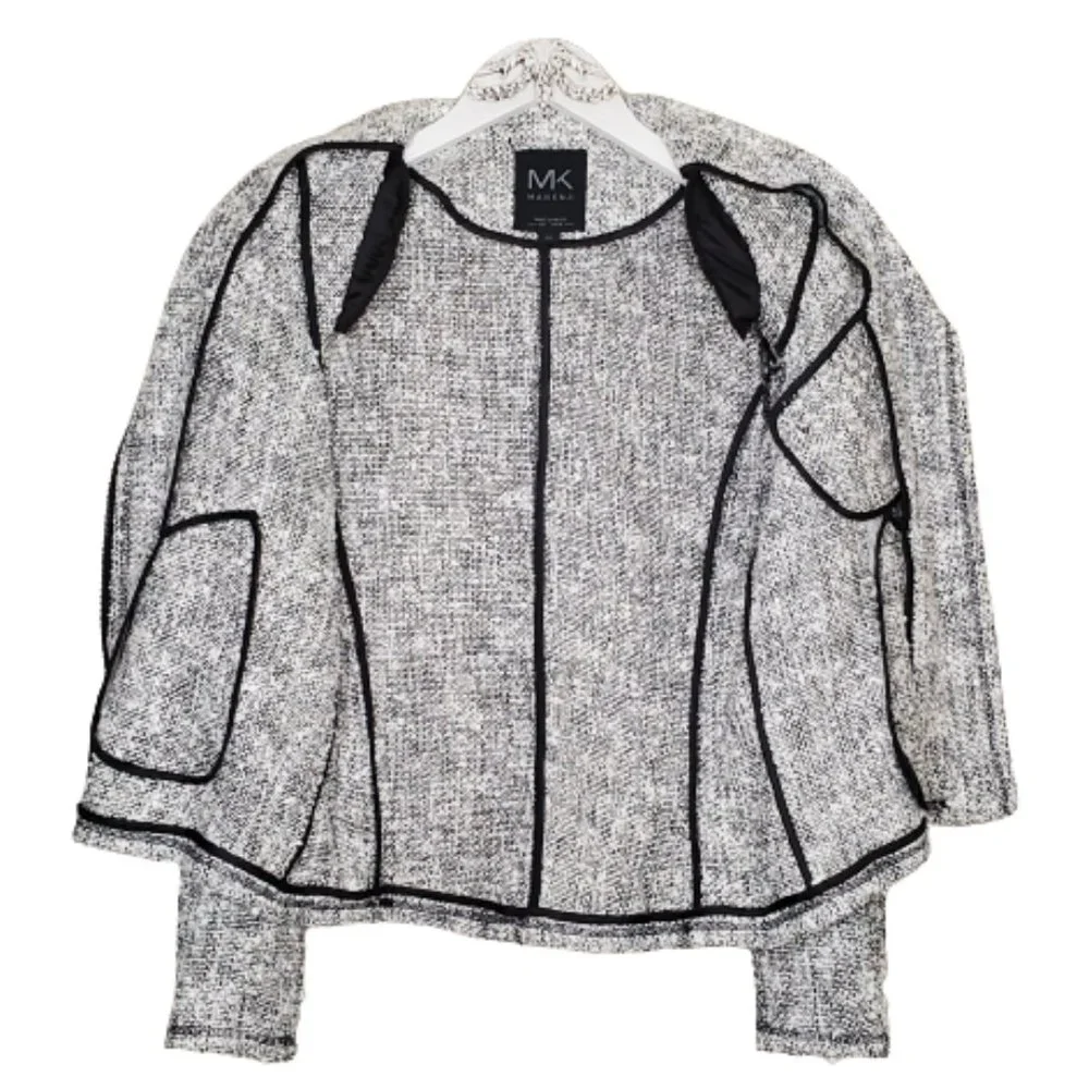 Makenji Womens Size 12 Black and White Medium Tweed Moto Long Sleeve Jacket